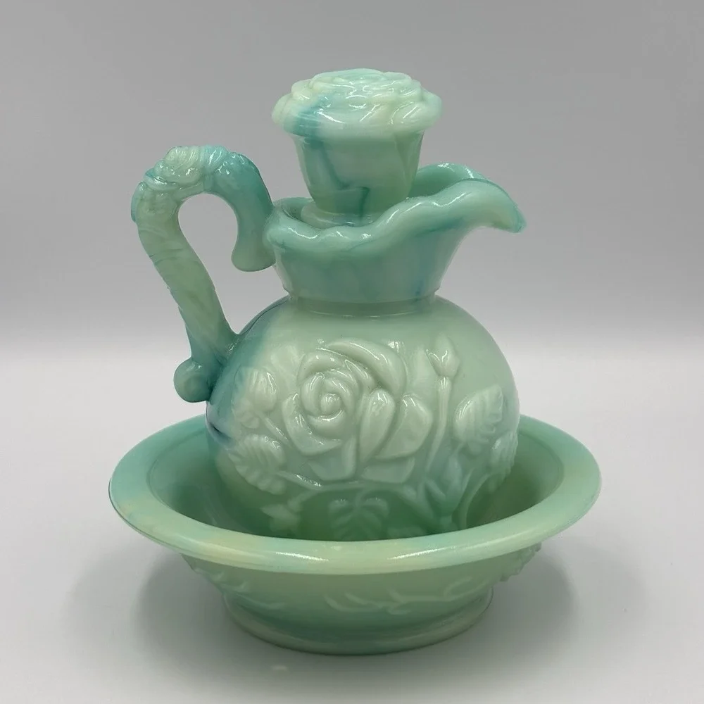 Vintage Avon Aqua Blue Jade Rose Mini Pitcher Bowl Vanity Bottle Set Grandmacore